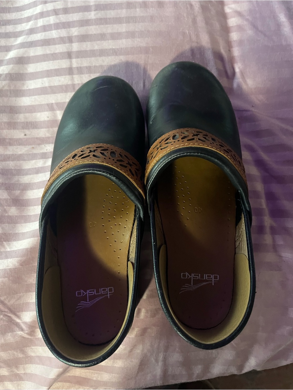 Dansko Black Leather Clogs with Brown Cutout Strap